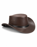 Brown leather hat with a black band on a white background