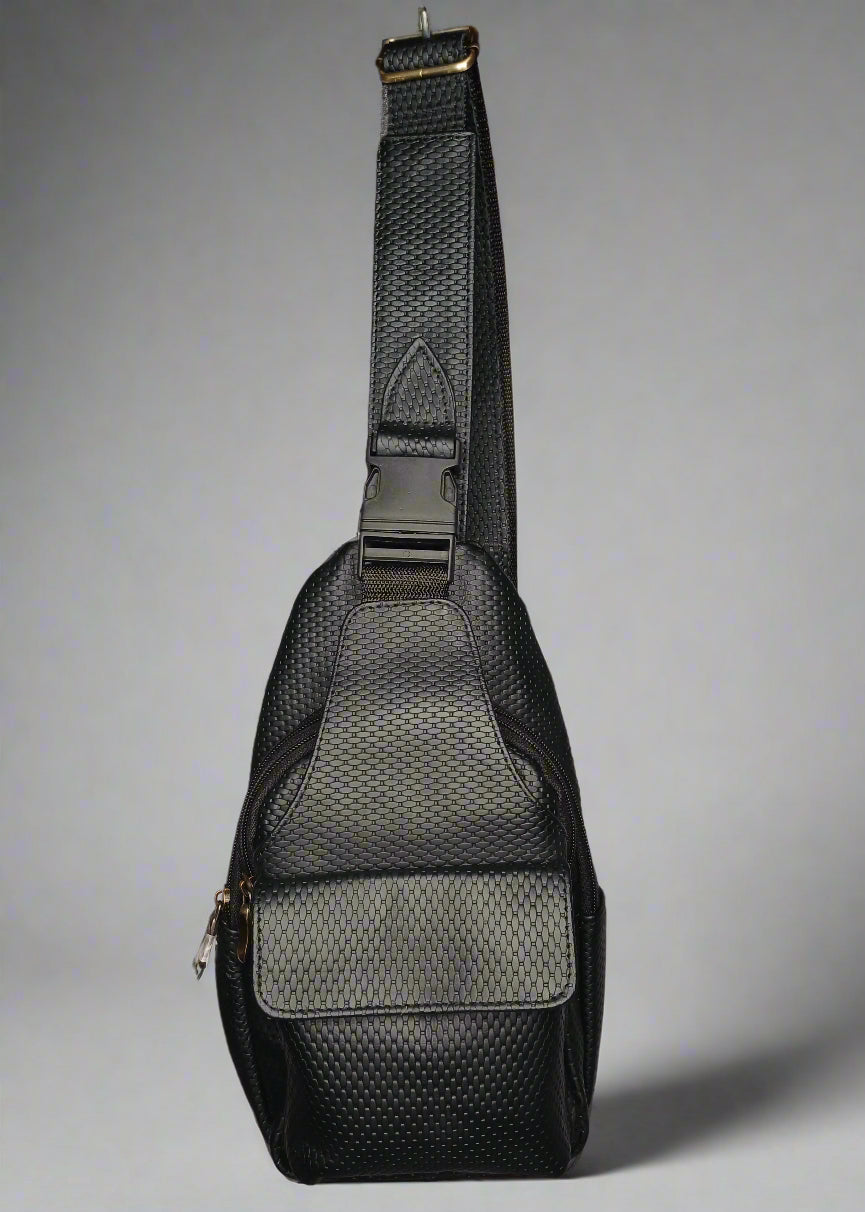 Black guitar case with gray interior on a white background