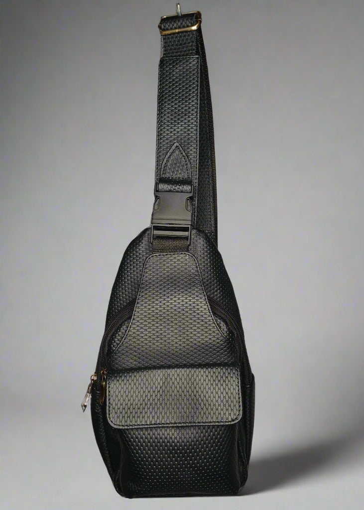 Black guitar case with gray interior on a white background