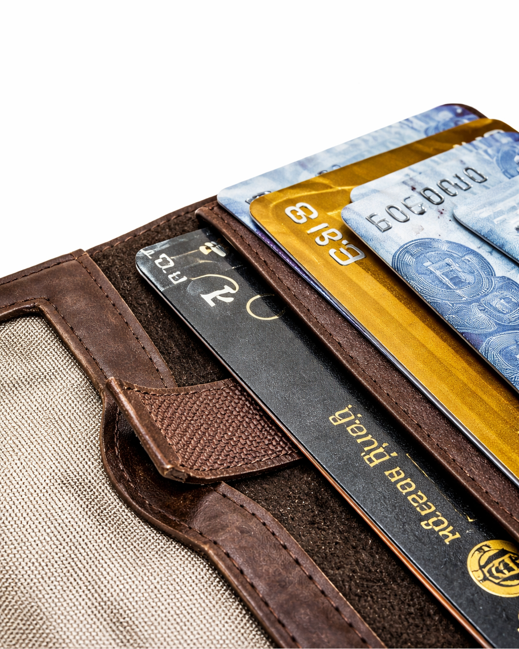 Brown leather wallet with multiple cards inside, on a beige fabric background