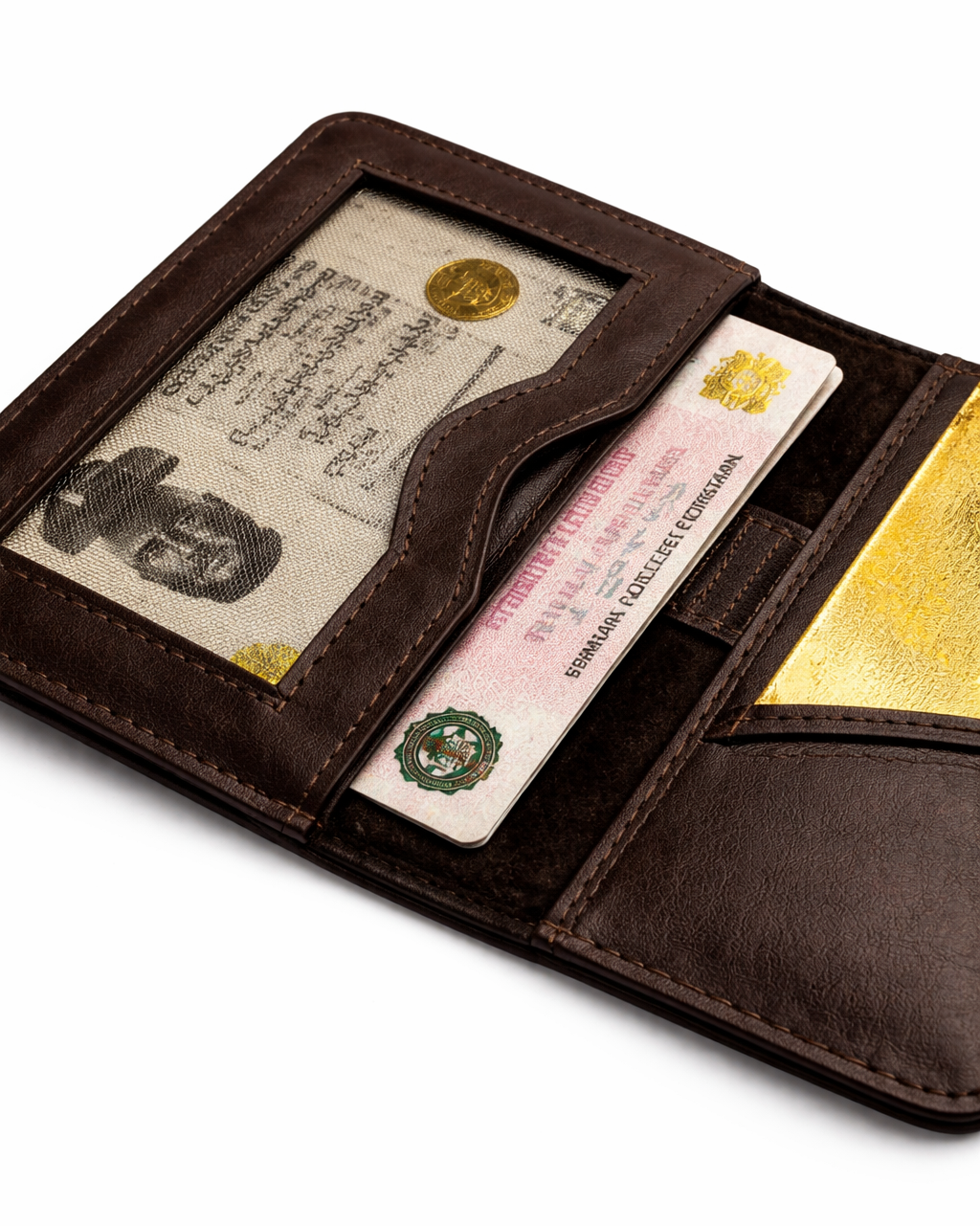 Brown leather wallet with various cards and documents on a white background