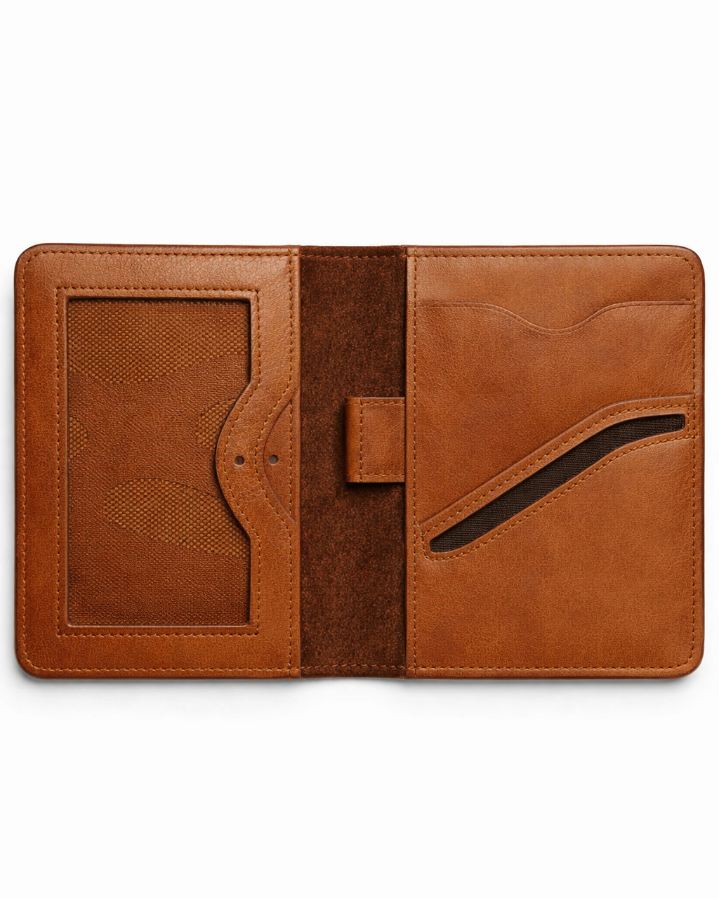 Brown leather wallet open on a white background