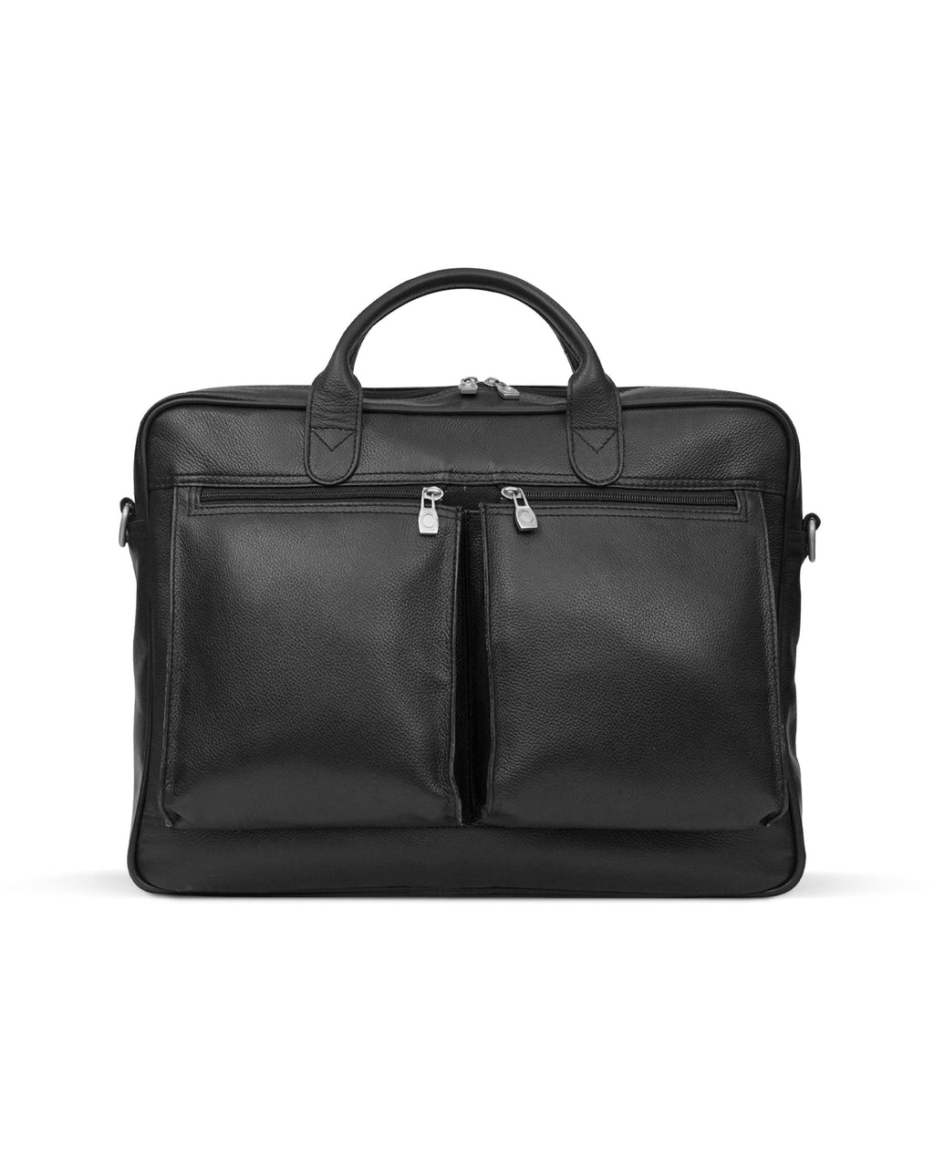 A black leather laptop bag with a zipper closure, a detachable handle, and two front pockets.