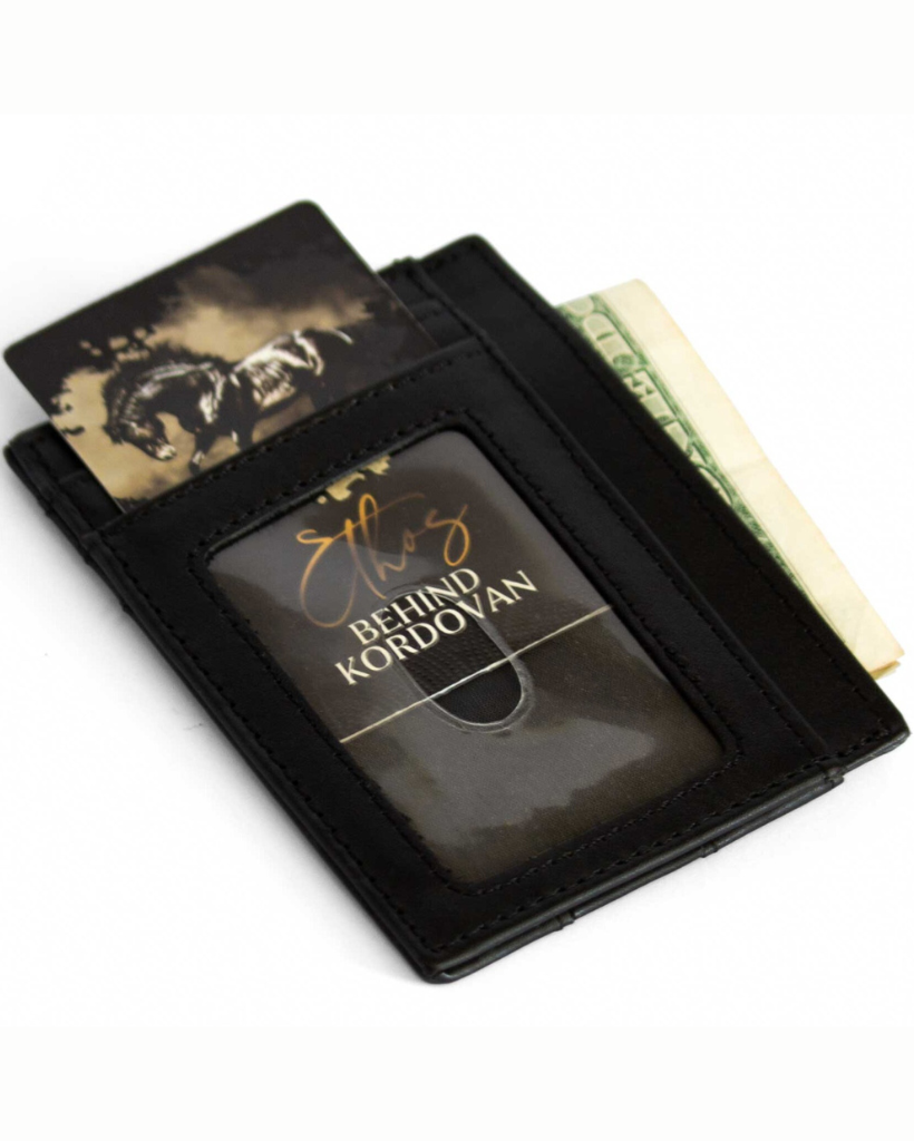 Black wallet with card holder and cash on a white background