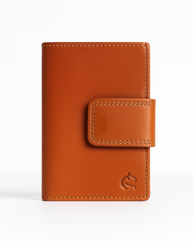 Brown leather wallet with a visible brand logo on a white background