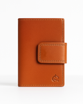 Brown leather wallet with a visible brand logo on a white background