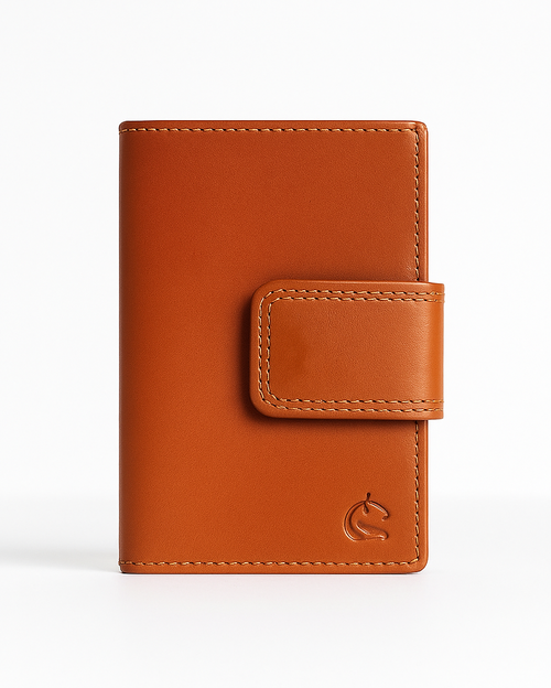 Brown leather wallet with a visible brand logo on a white background