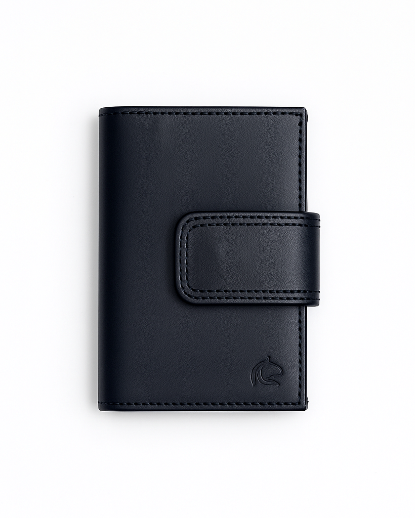 Navy leather wallet on a white background