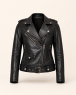 Alison — women's black leather biker jacket, front view | Kordovan Pakistan
