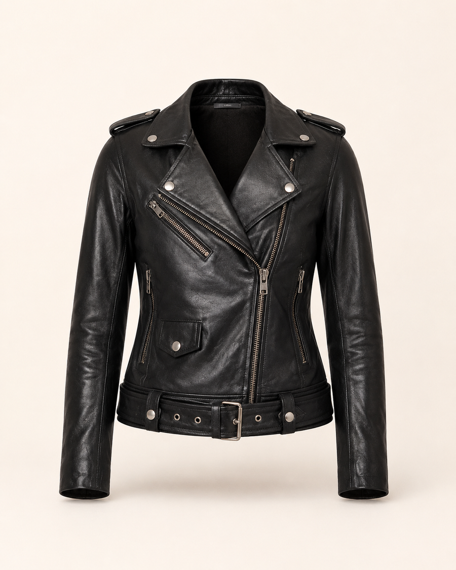 Alison — women's black leather biker jacket, front view | Kordovan Pakistan
