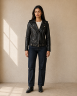Alison — women's black leather biker jacket, side view | Kordovan Pakistan
