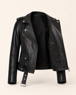 Alison — women's black leather biker jacket, open front showing the lining | Kordovan Pakistan
