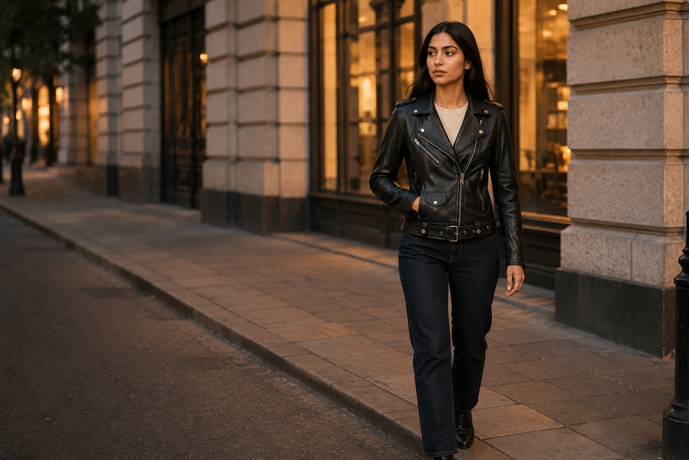 Alison — women's black leather biker jacket, full-length styled view | Kordovan Pakistan