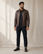 Alonzo — men's brown sheepskin leather jacket, side view | Kordovan Pakistan