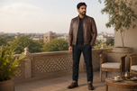 Alonzo — men's brown sheepskin leather jacket, full-length styled view | Kordovan Pakistan