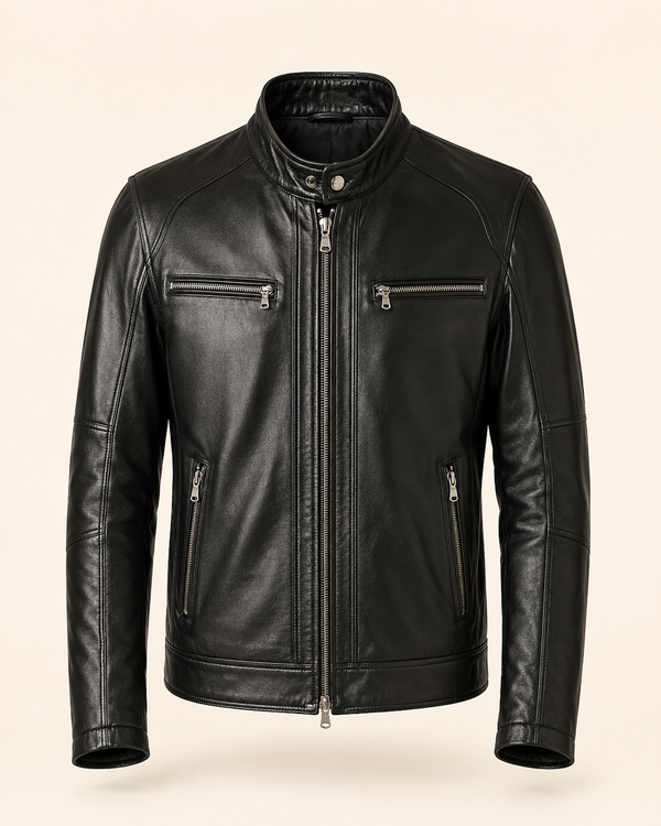 Alveraz — men's black sheepskin leather jacket, front view | Kordovan Pakistan