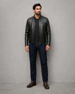 Alveraz — men's black sheepskin leather jacket, side view | Kordovan Pakistan