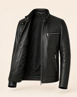 Alveraz — men's black sheepskin leather jacket, open front showing the lining | Kordovan Pakistan
