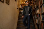 Alveraz — men's black sheepskin leather jacket, full-length styled view | Kordovan Pakistan