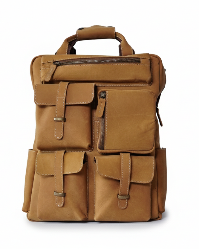 Camel backpack on a white background