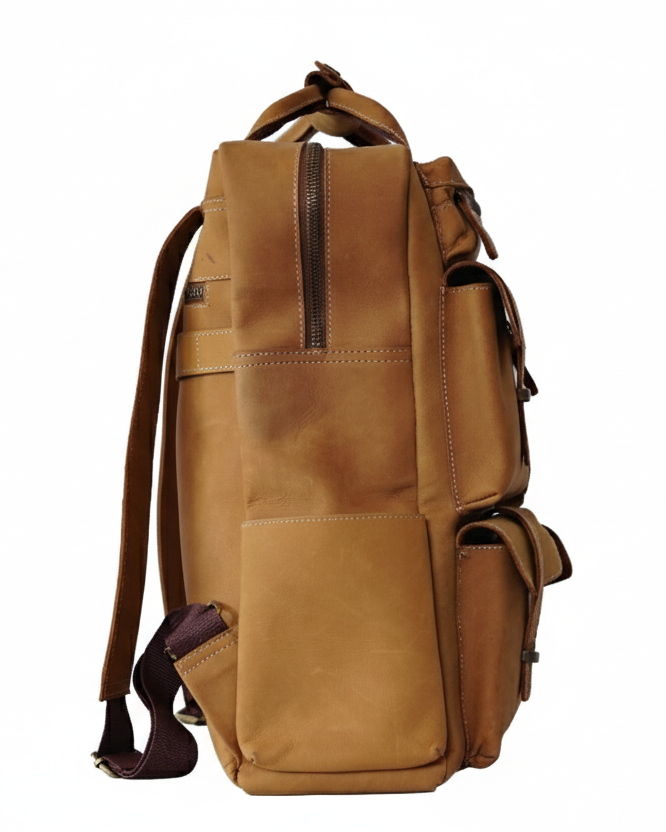 Camel leather backpack on a white background