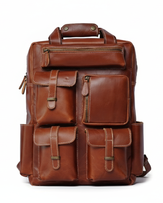 Brown leather backpack on a white background