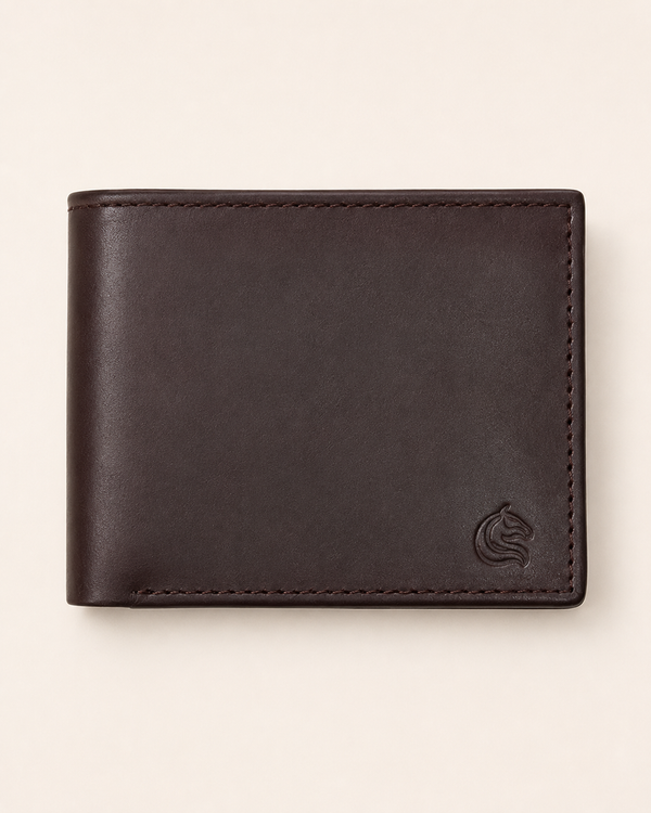 The Aristocrat slim leather wallet in brown — front view | Kordovan Pakistan