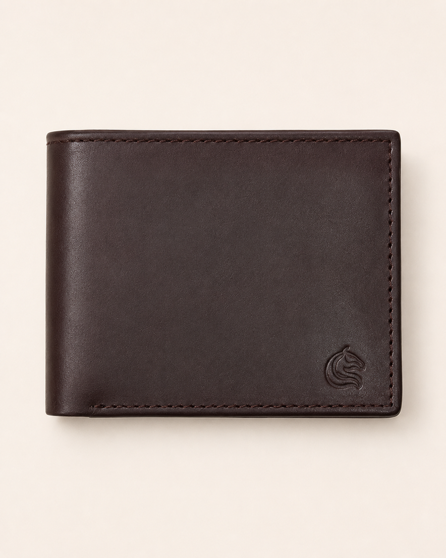 The Aristocrat slim leather wallet in brown — front view | Kordovan Pakistan