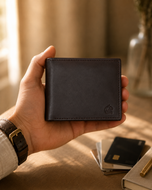 Brown Aristocrat leather wallet held in hand, showing slim classic profile