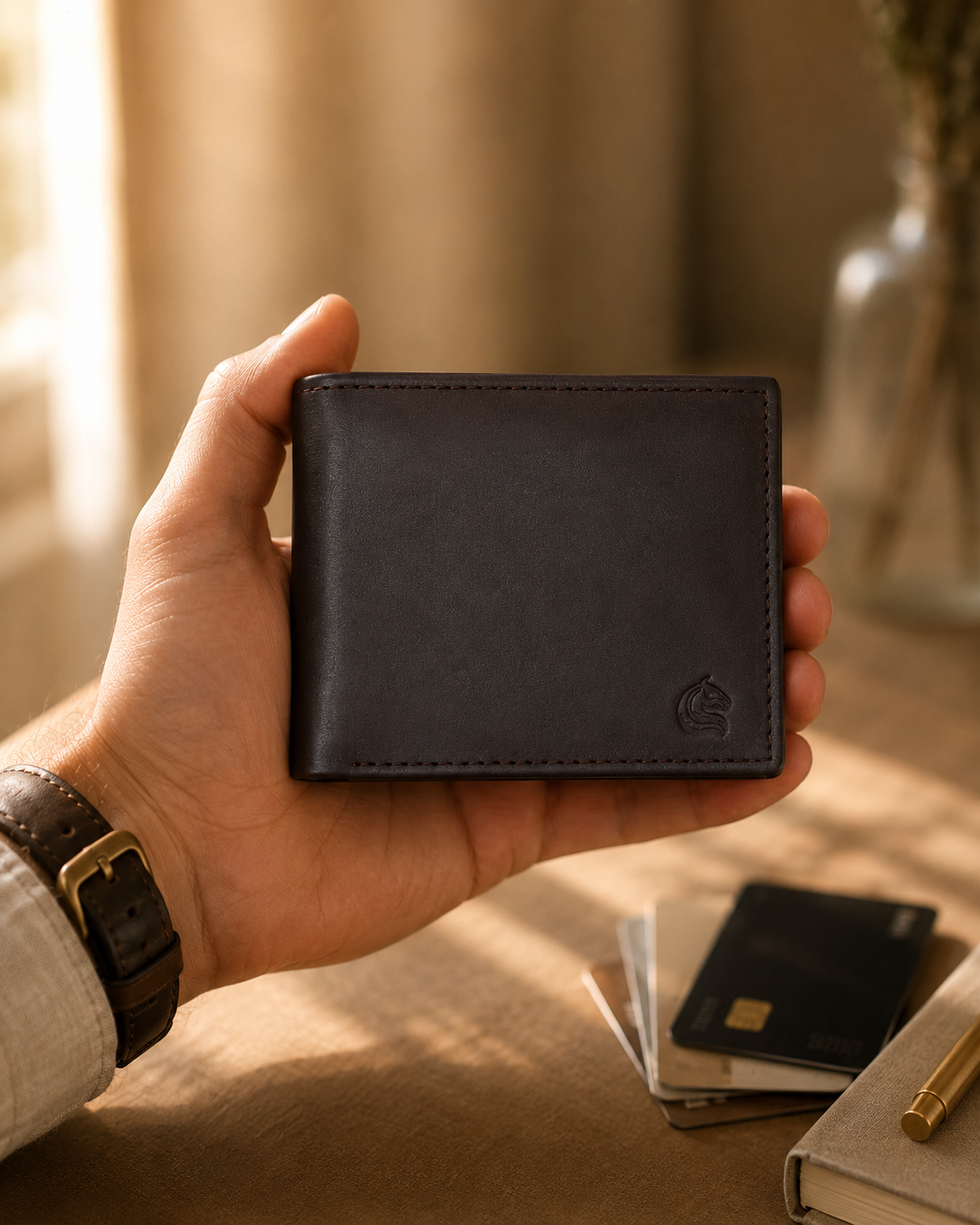 Brown Aristocrat leather wallet held in hand, showing slim classic profile