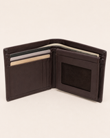 The Aristocrat wallet open — card and cash compartments in brown leather