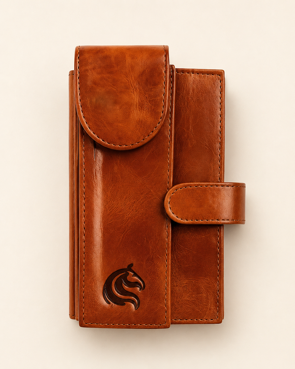 The Armour dual mobile wallet with notepad in brown leather — front view | Kordovan Pakistan