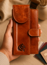 Brown Armour organiser wallet held in hand, showing long-format size