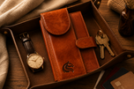 Brown Armour organiser wallet on a walnut desk — everyday carry by Kordovan