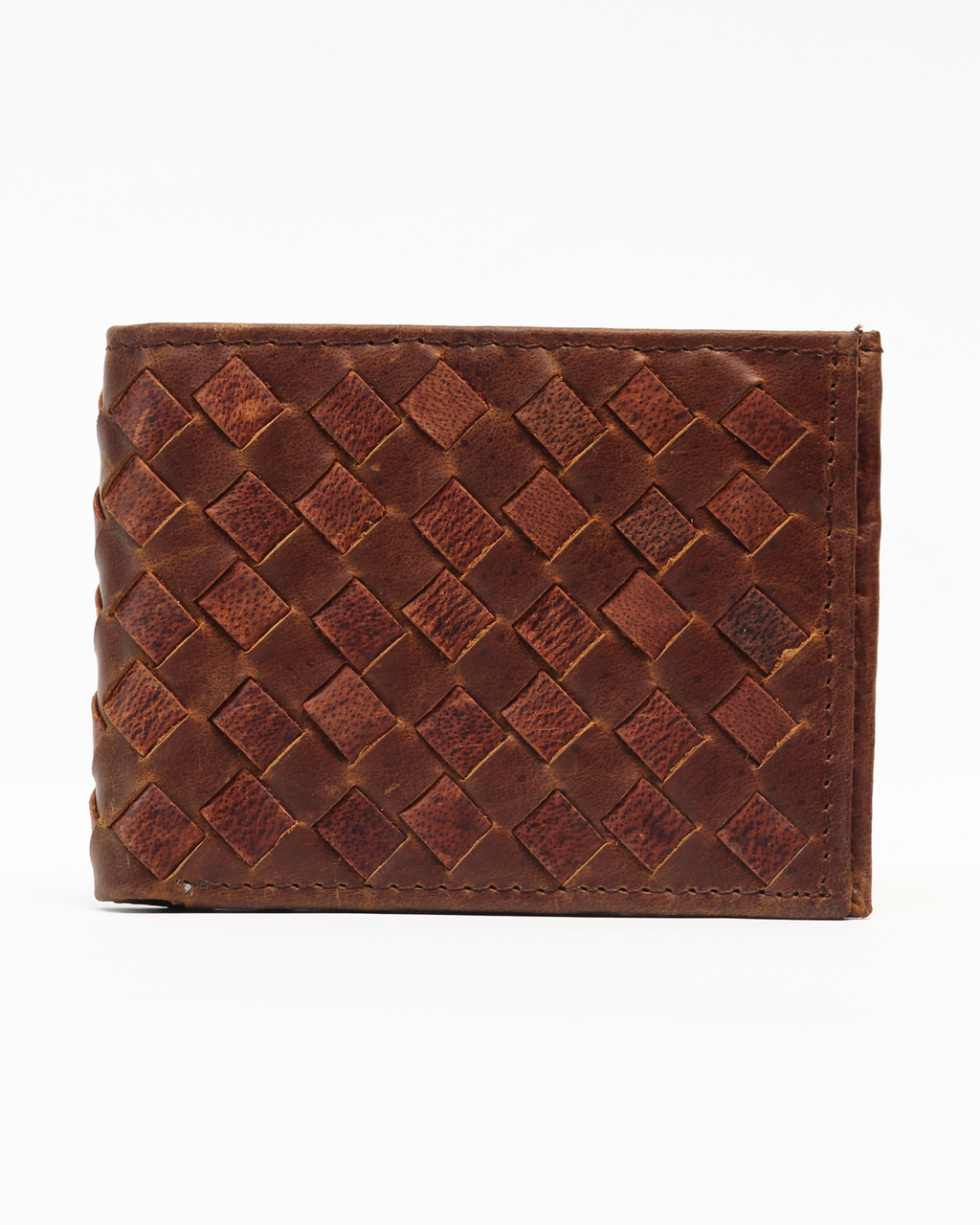 A brown, distressed leather bi-fold wallet with a woven pattern on the exterior.