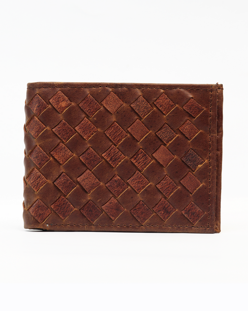 A brown, distressed leather bi-fold wallet with a woven pattern on the exterior.