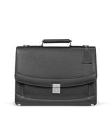 A black leather office bag with a zipper closure and a handle on top.