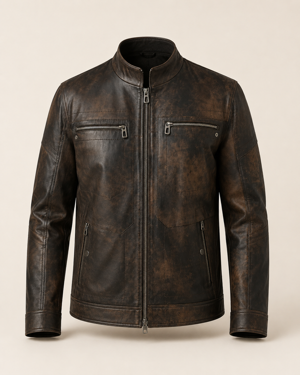 Bohemia — men's vintage brown sheepskin leather jacket, front view | Kordovan Pakistan
