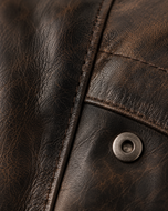 Bohemia — men's vintage brown sheepskin leather jacket, close-up of the leather grain and hardware | Kordovan Pakistan