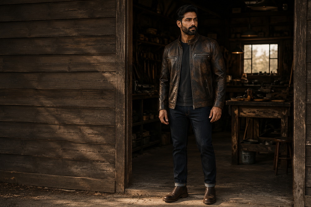 Bohemia — men's vintage brown sheepskin leather jacket, full-length styled view | Kordovan Pakistan
