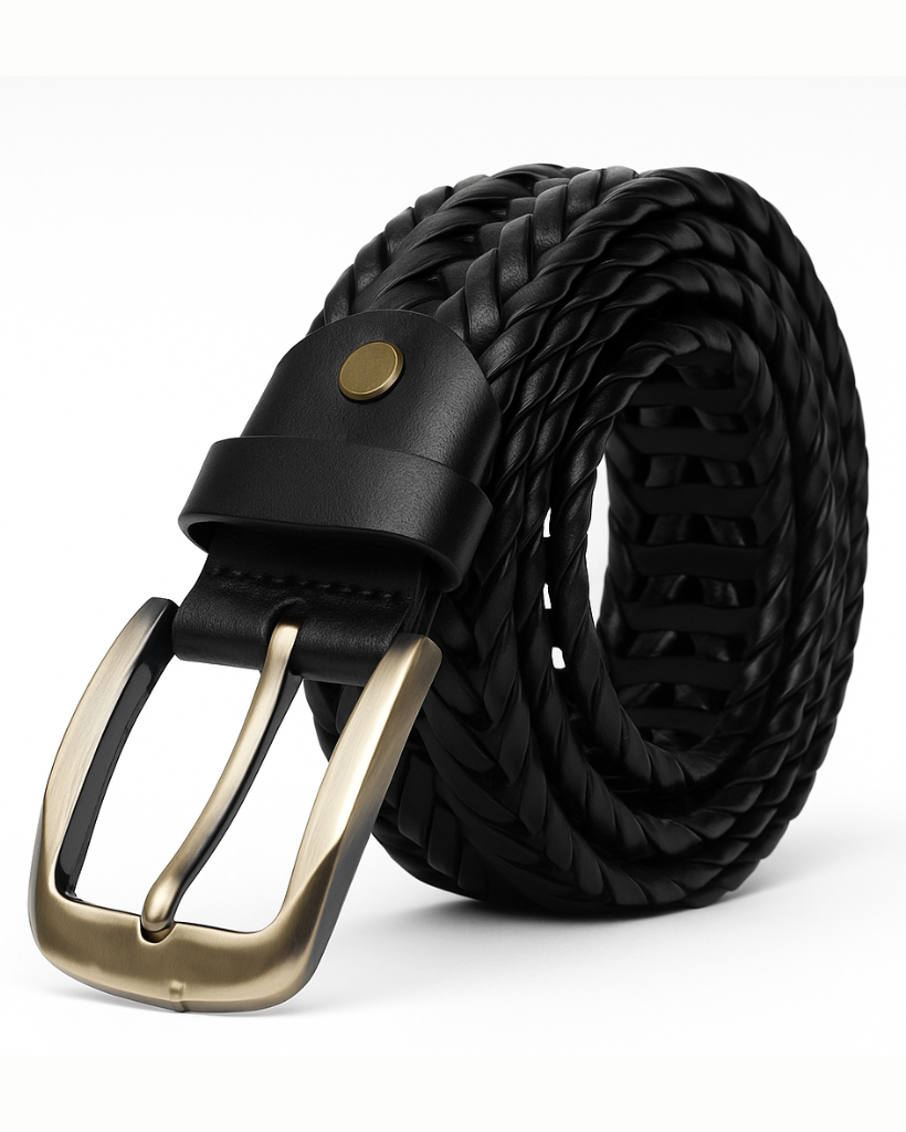 Black braided belt with a gold buckle on a white background