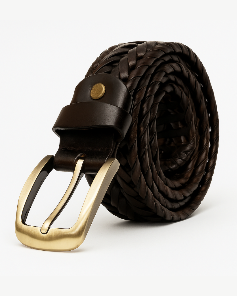 Bodo braided belt with a gold buckle on a white background