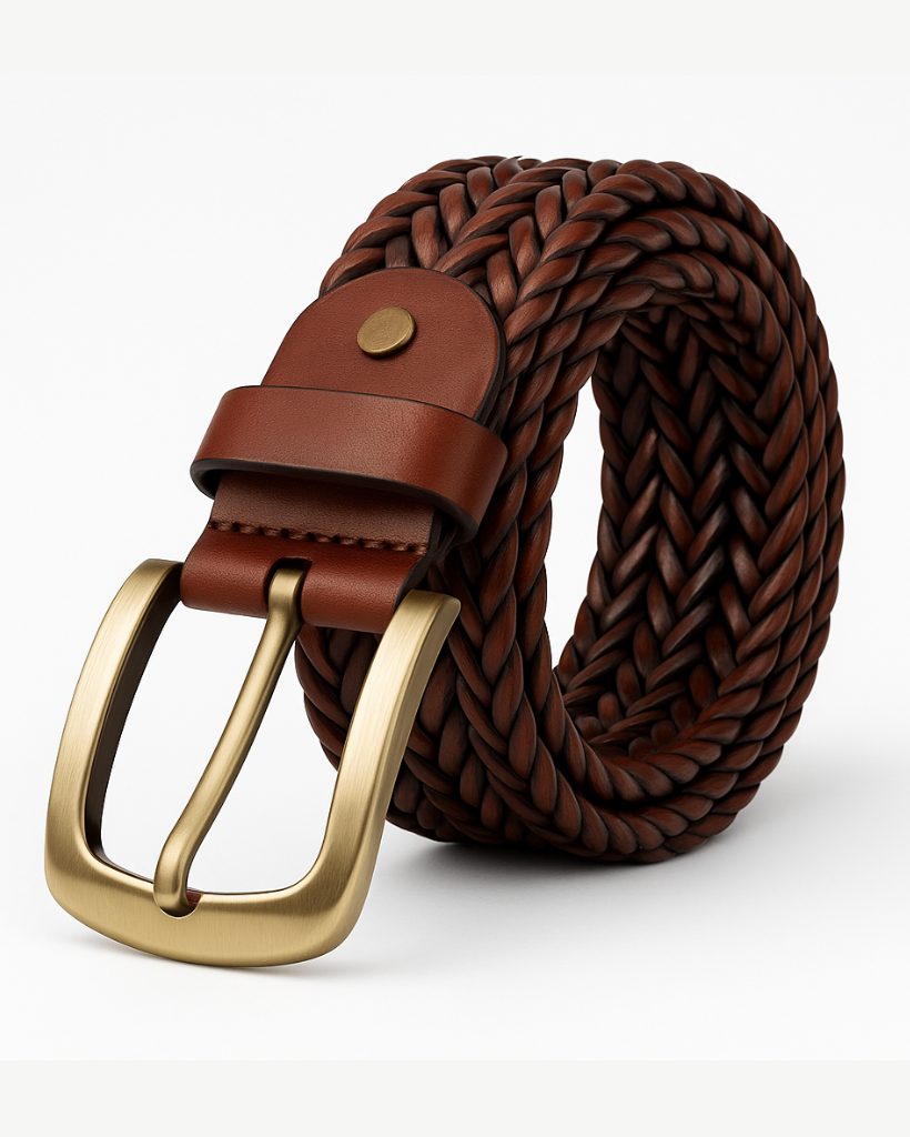Brown braided belt with a gold buckle on a white background