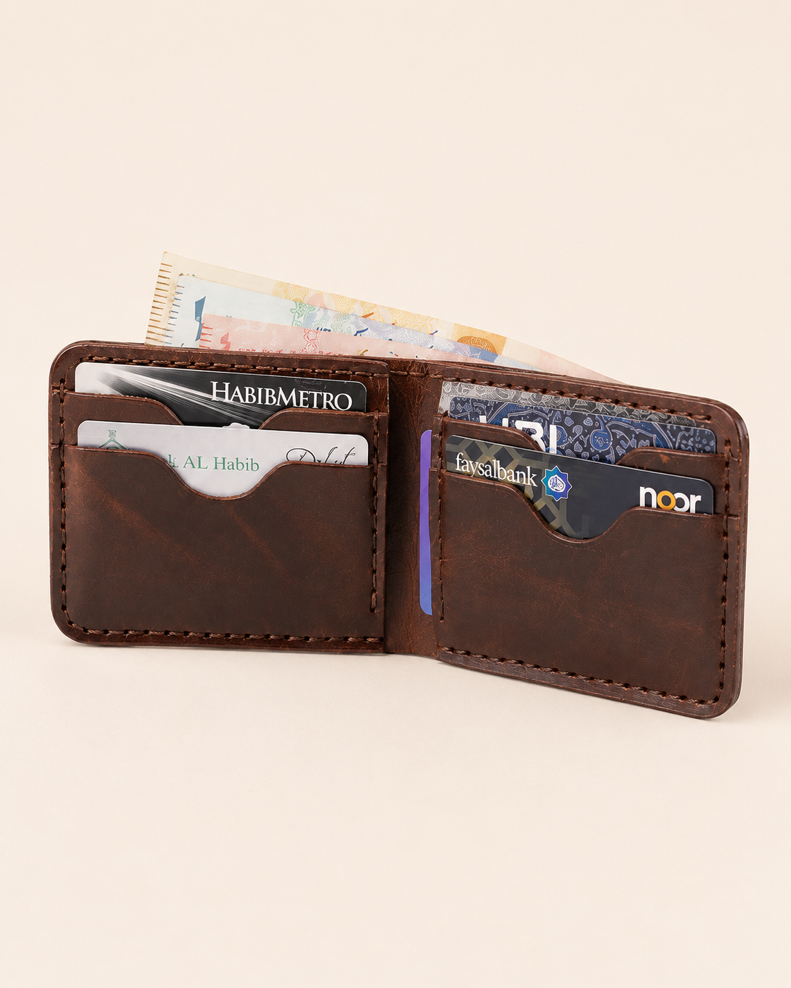 Bronco bifold wallet open — 4 card slots, 2 hidden slots and full-width bill compartment