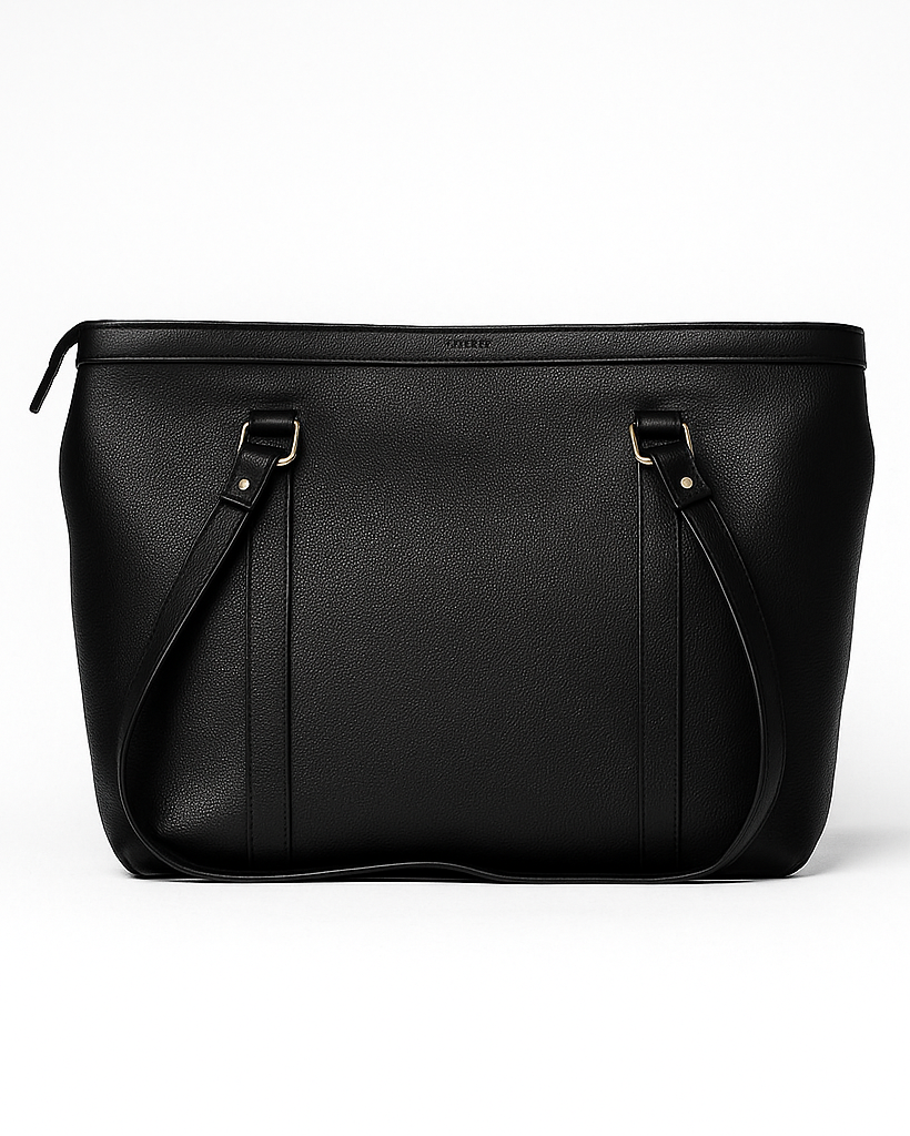 Black leather bag on a white background