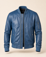 Cobalt — men's blue leather bomber jacket, front view | Kordovan Pakistan