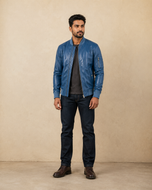 Cobalt — men's blue leather bomber jacket, side view | Kordovan Pakistan