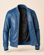 Cobalt — men's blue leather bomber jacket, open front showing the lining | Kordovan Pakistan