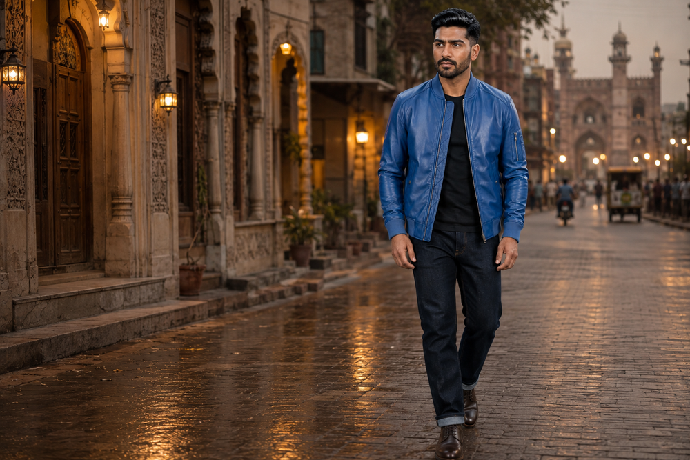 Cobalt — men's blue leather bomber jacket, full-length styled view | Kordovan Pakistan