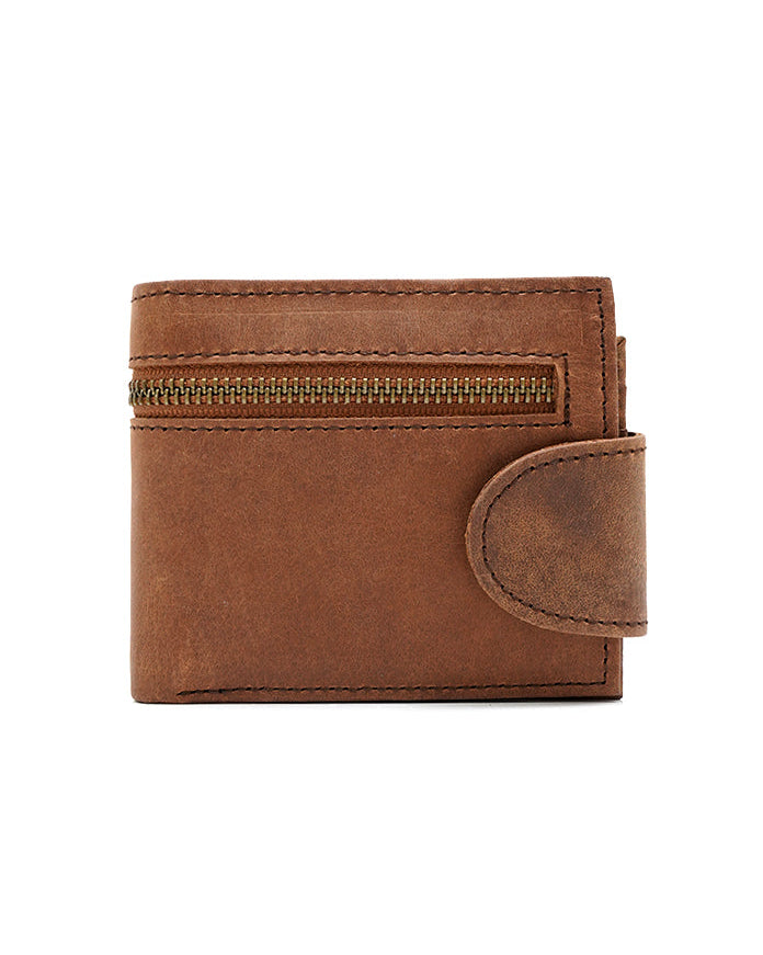A brown bi-fold TRUCKKR wallet made of Crazy Horse cow leather with an external zipper.
